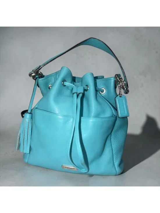 Coach Avery Drawstring Bucket Bag F27003 Robins Egg Blue Pebbled Leather Purse - Picture 2 of 10